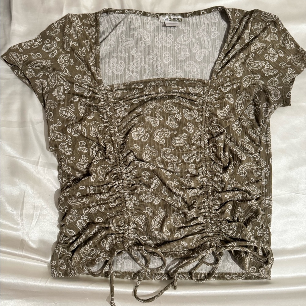 Brown Short Sleeve Ruched Tie Front Blouse